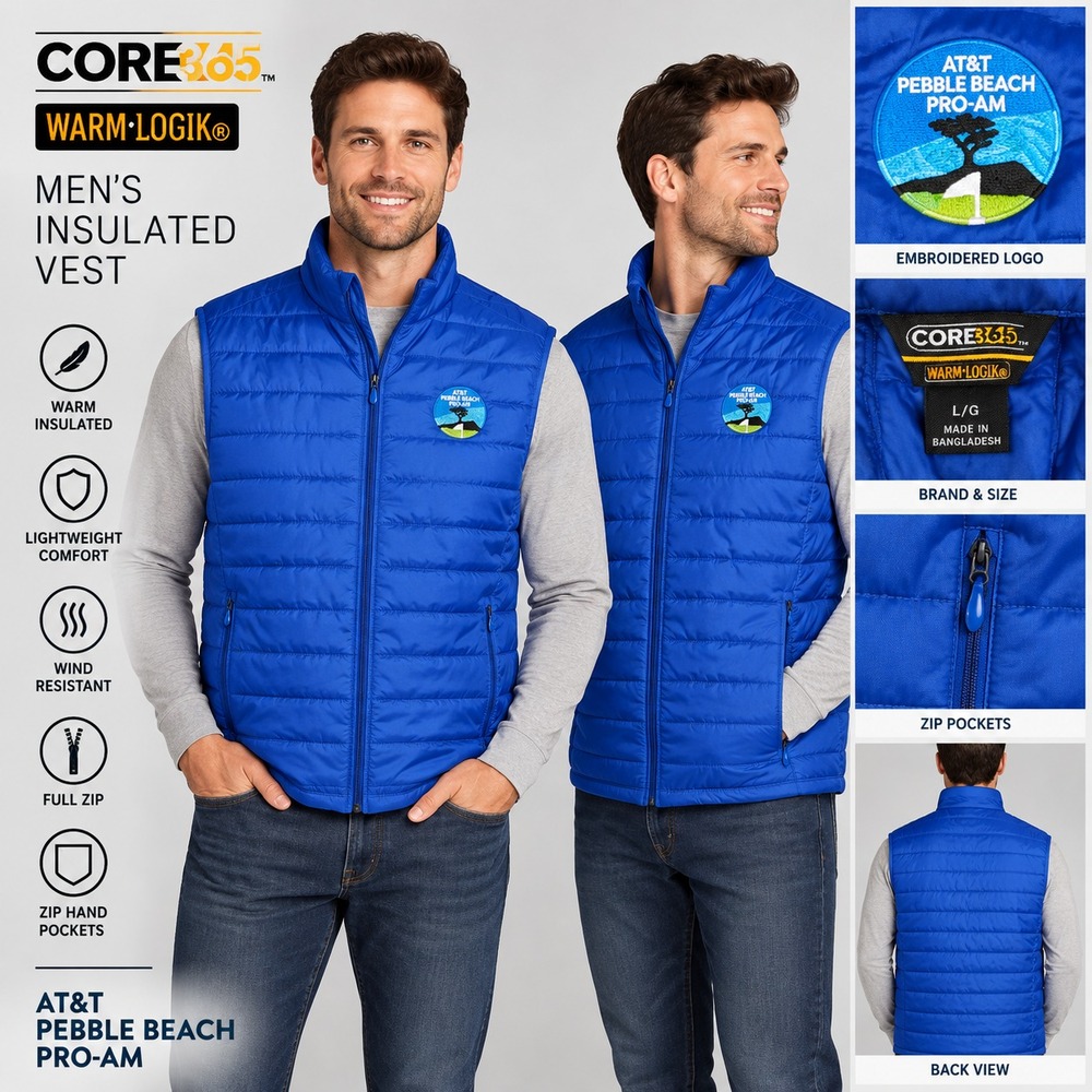 Core 365 Mens Large Blue Puffer Vest AT&T Pebble Beach Pro-Am CE702 NWT